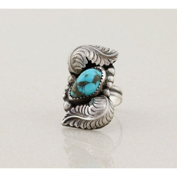 Sterling Silver Vintage Turquoise Leaf Ring Size 8 Long Finger Ring - Picture 5 of 6